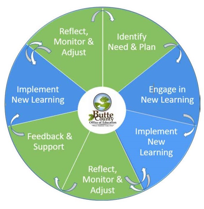 Pie chart with seven areas including reflect monitor and adjust, identify need and plan, engage in new learning, implement new learning, reflect monitor and adjust, feedback and support, implement new learning